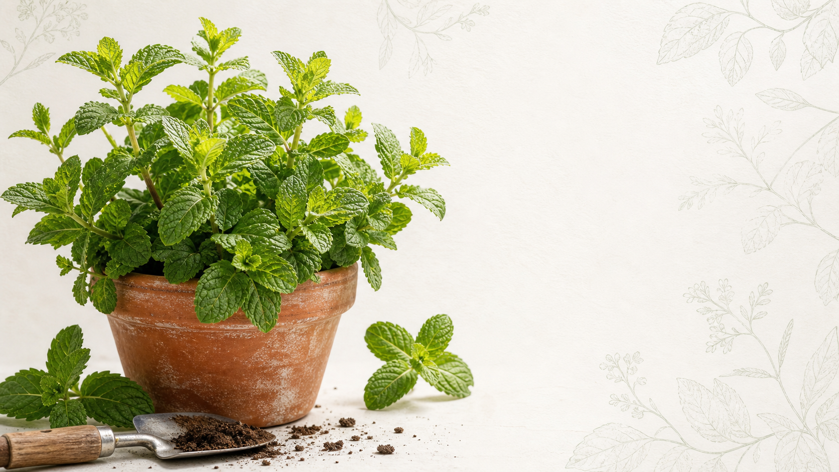 A healthy potted mint plant ready for harvest