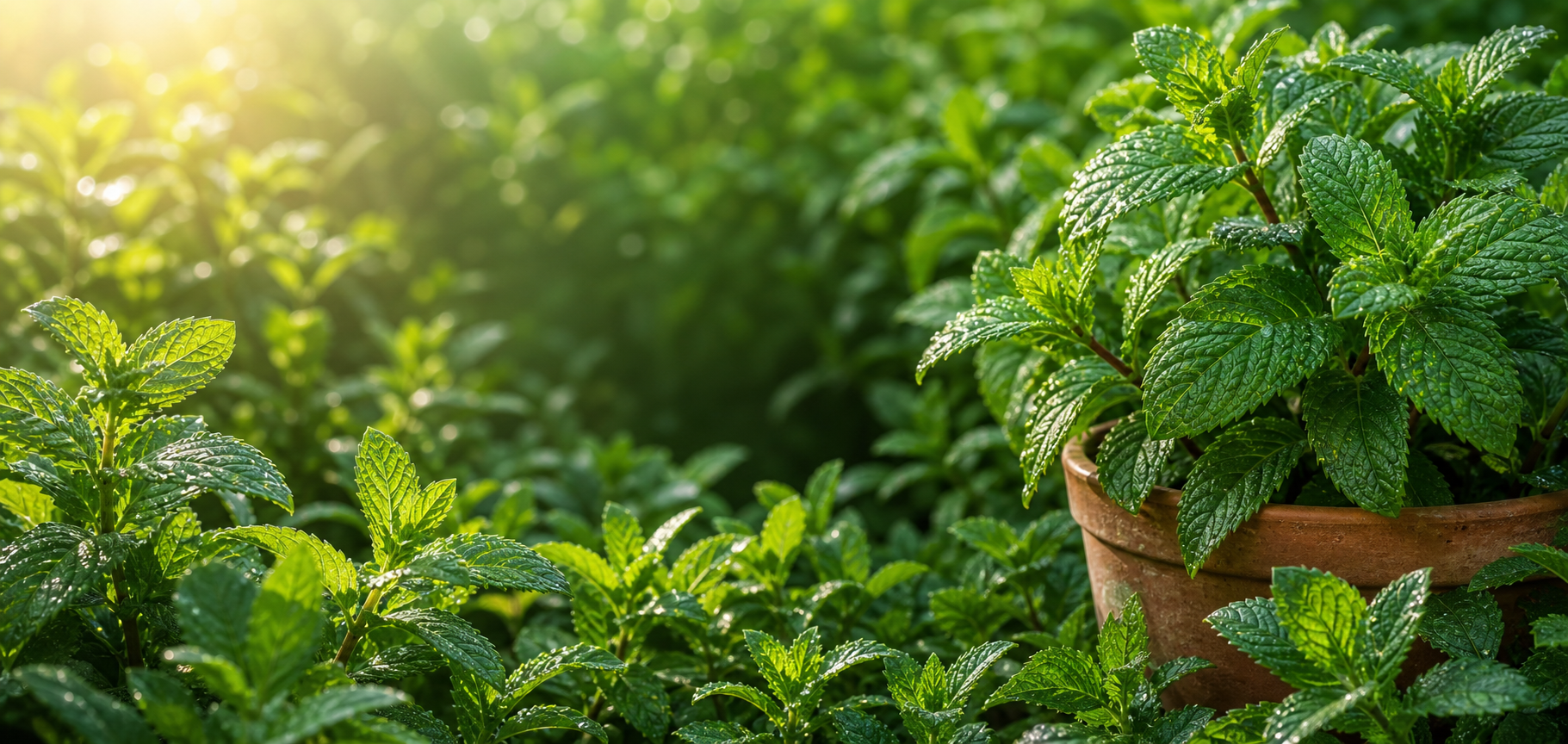 Fresh mint leaves growing in soft garden light