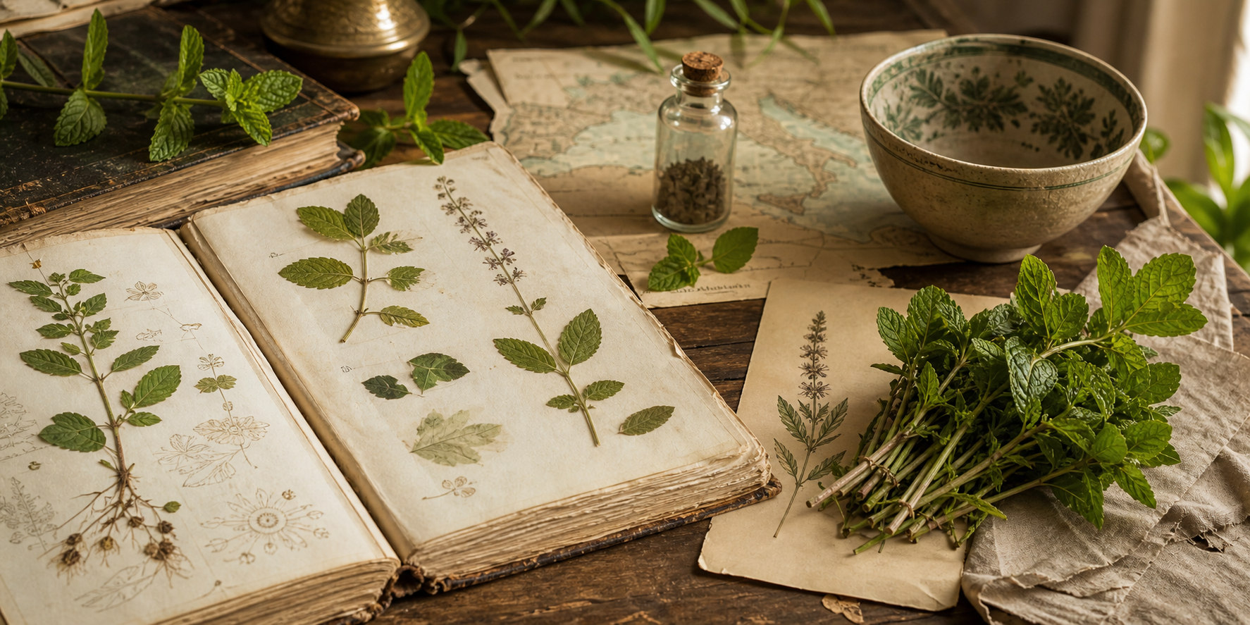 Fresh and pressed mint leaves arranged with antique botanical pages, a small bottle, and old maps