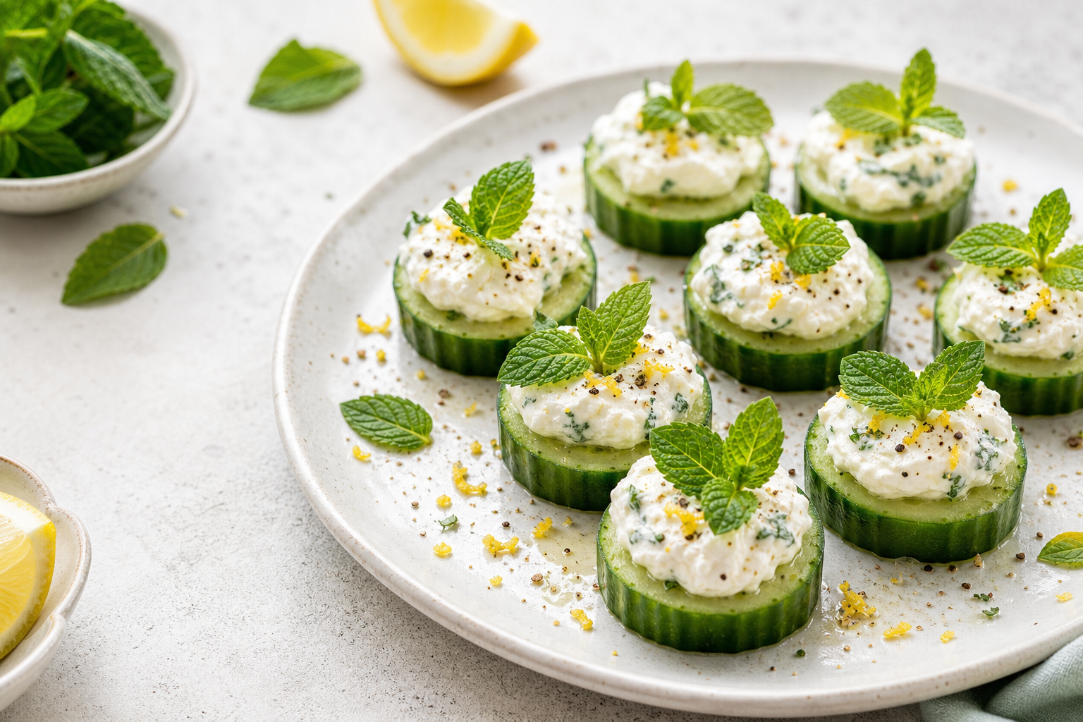 Cucumber rounds topped with creamy feta and mint