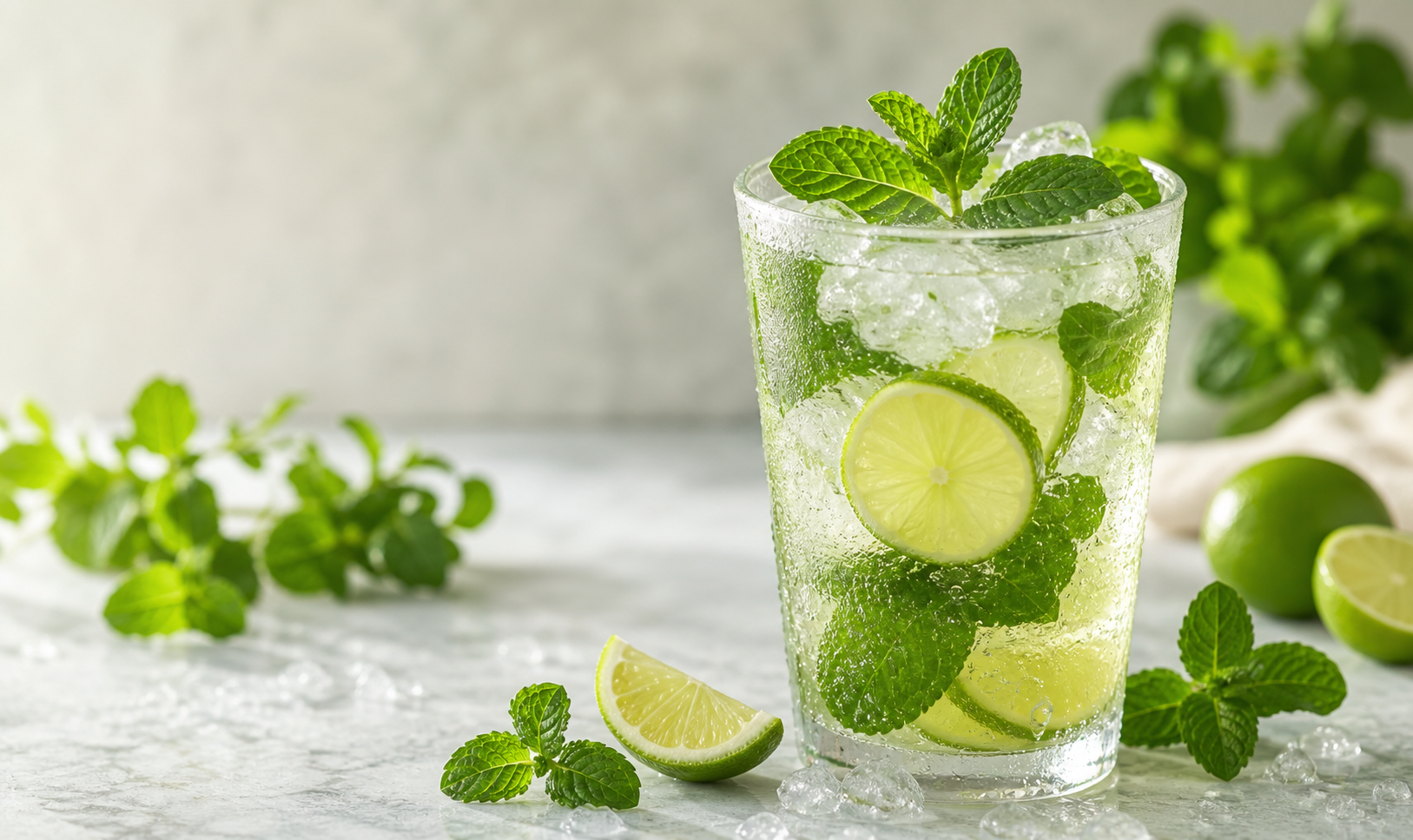 A sparkling mint lime drink with ice and fresh mint